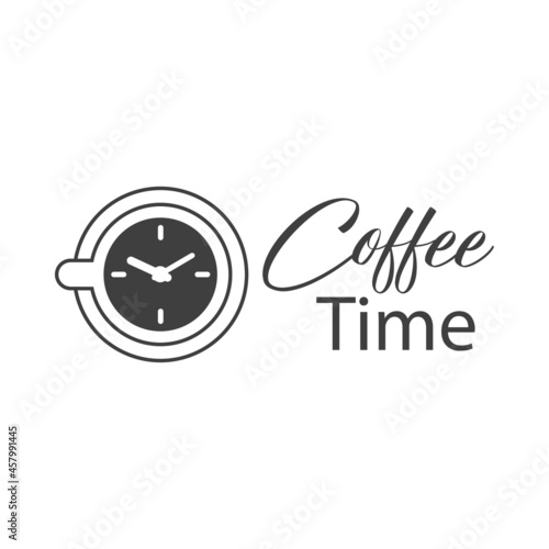 Logotipo con texto manuscrito Coffee Time con silueta de taza de café con esfera de reloj con lineas en color gris