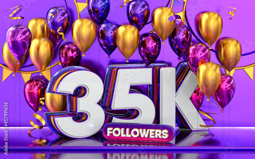 35k followers celebration, thank you social media banner with purple and gold balloon 3d rendering photo