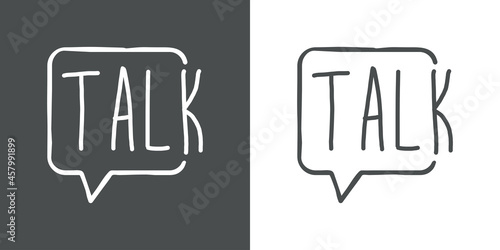 Logotipo con texto manuscrito Talk con silueta de burbuja de habla con lineas en fondo gris y fondo blanco
