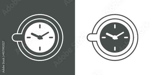 Coffee Time. Logotipo con silueta de taza de café con esfera de reloj con lineas en fondo gris y fondo blanco