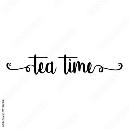 Banner con texto manuscrito tea time escrito a mano con florituras en color negro