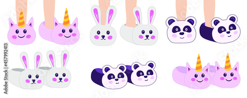 Home slippers with panda, rabbit, unicorn head on white background vector.