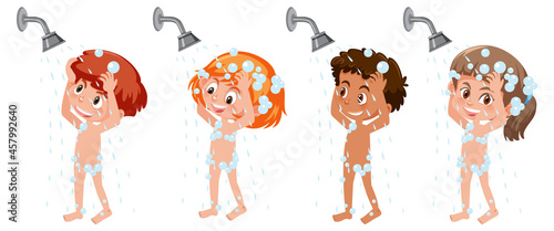 Fototapeta Naklejka Na Ścianę i Meble -  Set of different kids cartoon character take a shower