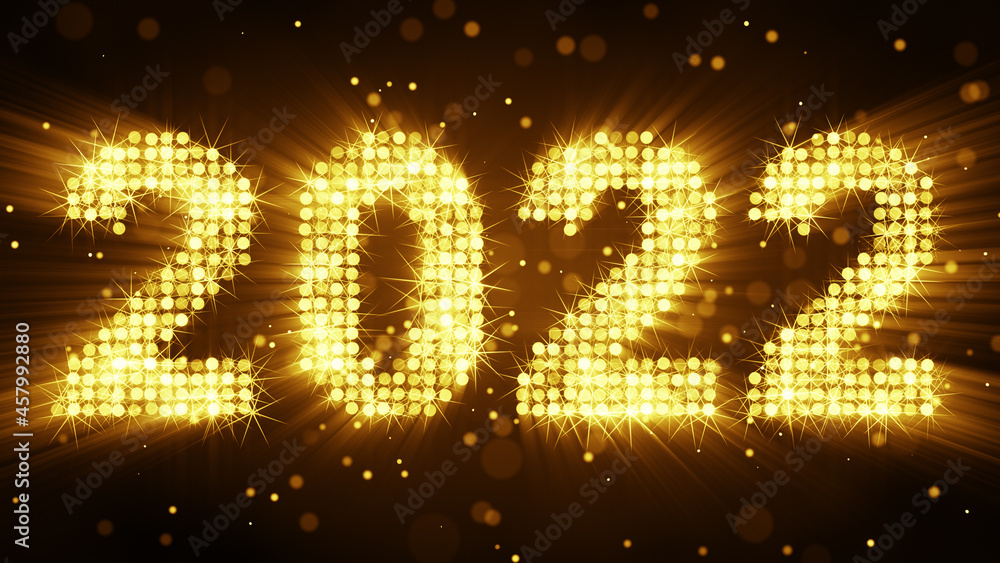 Text 2022 of glow yellow particles new year greeting 3D render Text 2022 of glow yellow particles new year greeting 3D render