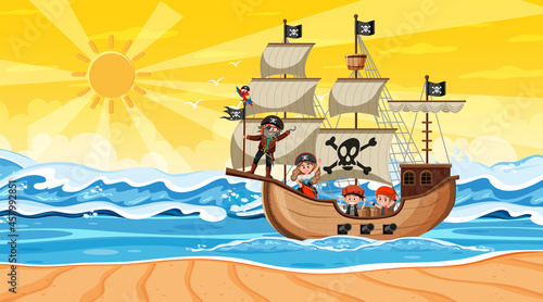 Ocean with Pirate ship at sunset scene in cartoon style © brgfx
