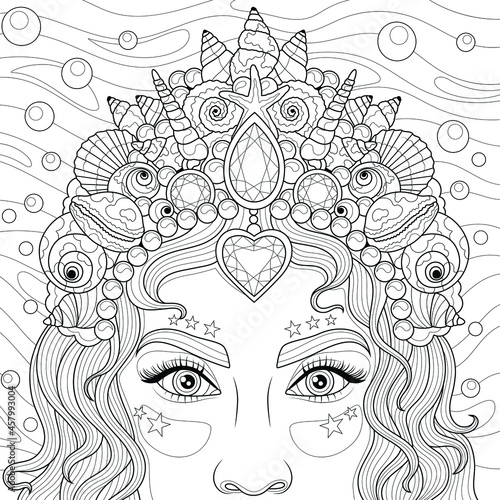 Girl with a crown with seashells. Mermaid. Coloring book antis tress for children and adults. Illustration isolated on white background. Zen-tangle style. Hand draw
