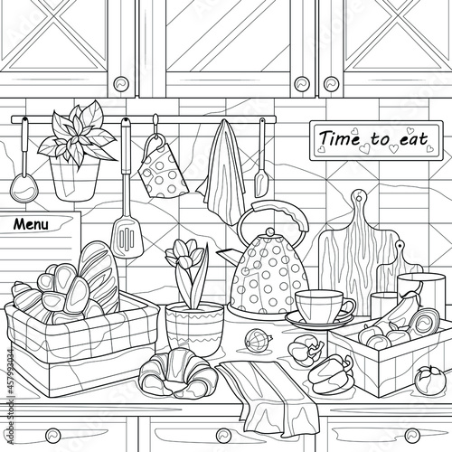 Kitchen with cooking utensils. Coloring book anti stress for children and adults. Illustration isolated on white background. Zen-tangle style. Hand draw