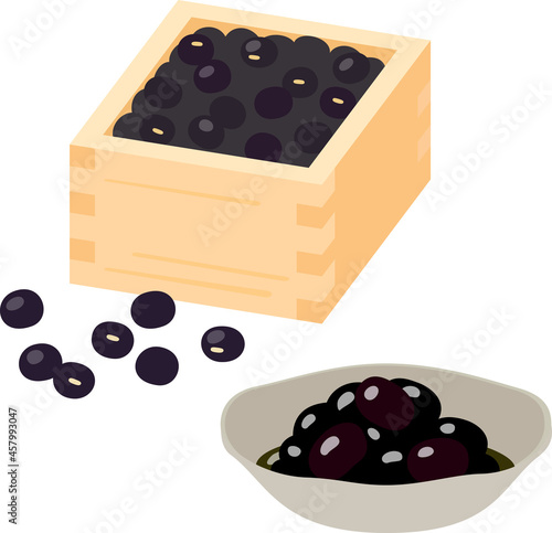 升に入った黒豆と皿に入った黒豆煮