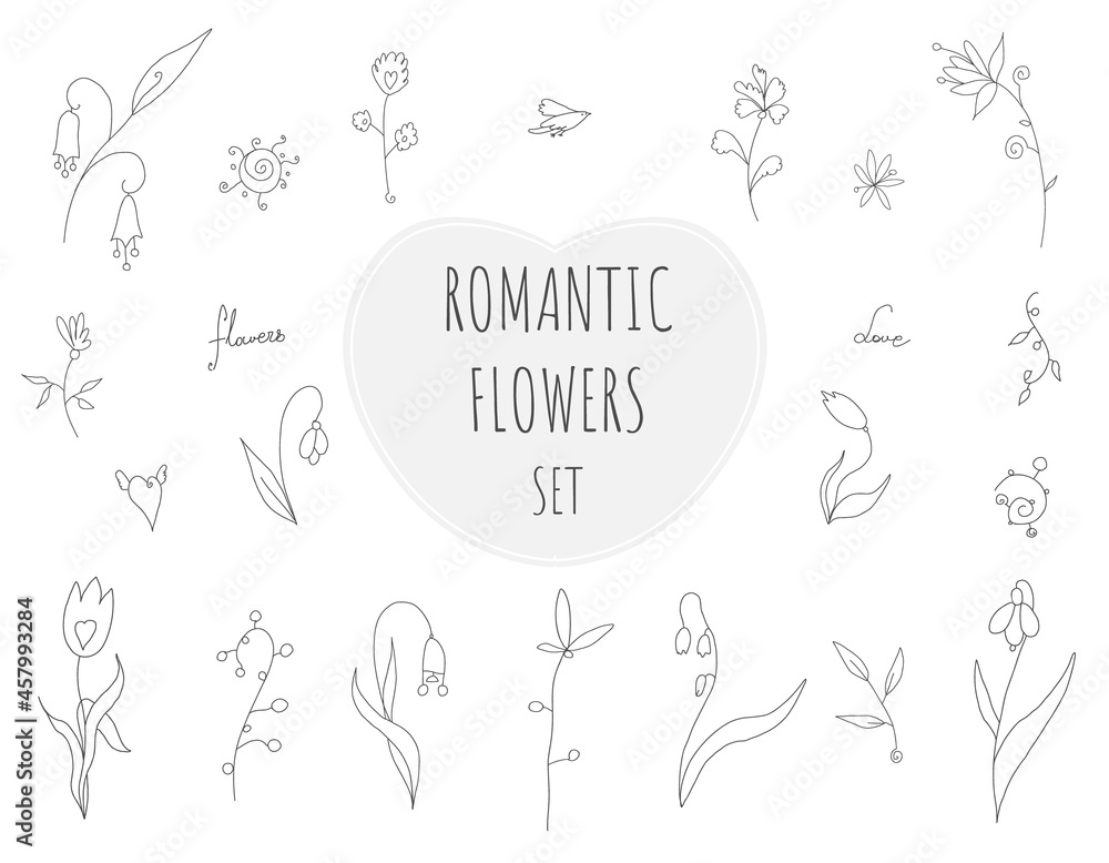 Romantic Flowers - vector Set of outline flowers, heart, bird, leaves. Delicate lines.