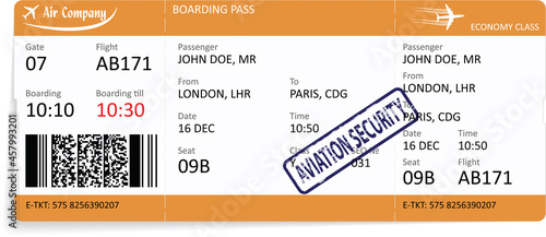 Airline boarding pass ticket to airplane for travel or journey.