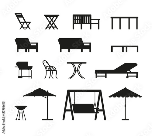 Garden furniture black silhouette icons set, flat vector illustration isolated.