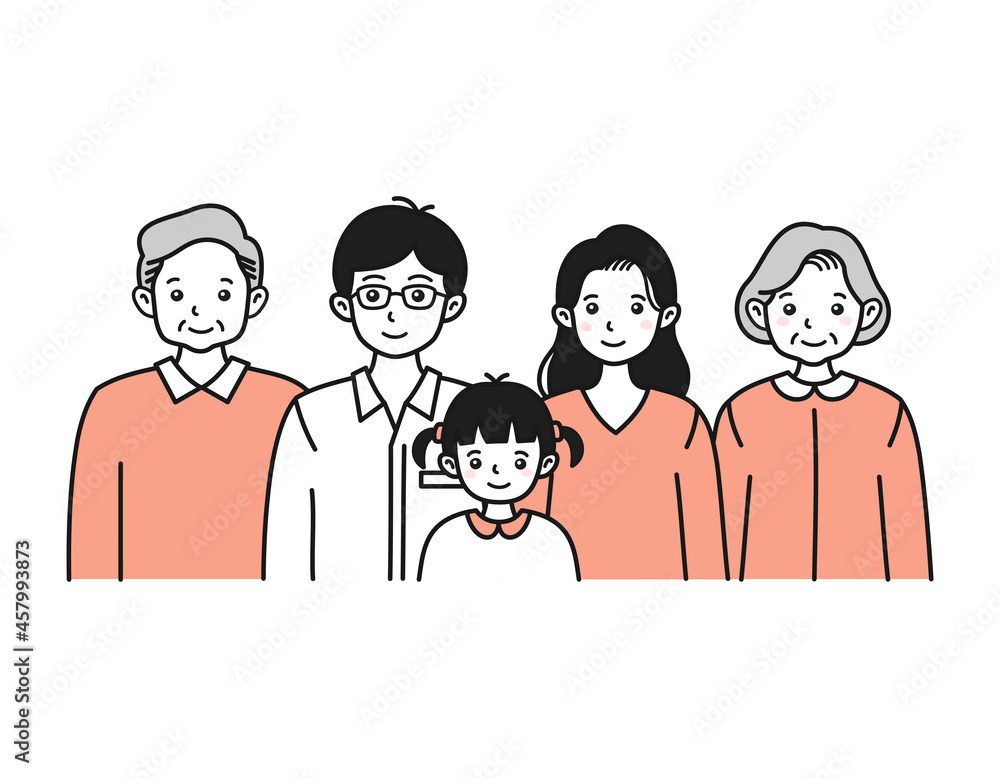 Naklejka premium 夫婦と子供、祖父母の三世代イラスト