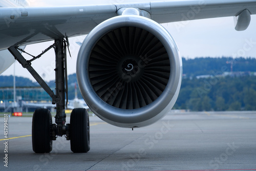 Close-up of flight engine at Zürich Airport. Photo taken September 9th, 2021, Zurich, Switzerland.
