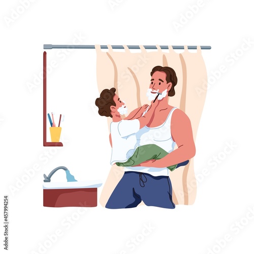 Son shaving father with razor. Kid imitating dad and applying foam. Daddy and child play and have fun together during morning routine in bathroom. Flat vector illustration isolated on white background