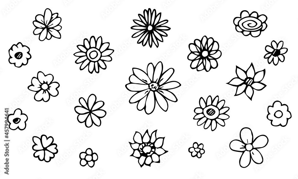 Vector doodle set of simple flowers. Hand drawn outline icon. Floral illustration isolated on white background. For print, web, design, decor, logo. Vector doodle set of simple flowers. Hand drawn outline icon. Floral illustration isolated on white background. For print, web, design, decor, logo.