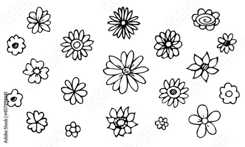 Vector doodle set of simple flowers. Hand drawn outline icon. Floral illustration isolated on white background. For print, web, design, decor, logo.