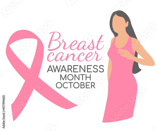 Breast cancer pink ribbon on white background and girl. Design element. Medical treatment. Vector design isolated. Design ribbon. Banner about awareness month october. Vector health care concept.