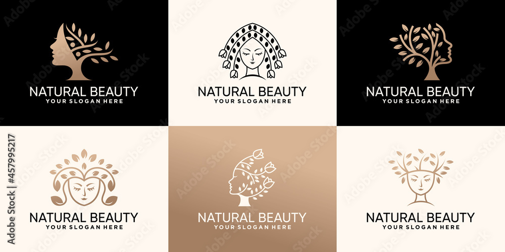 Set bundle of natural beauty logo design collection with flower and tree concept Premium Vector