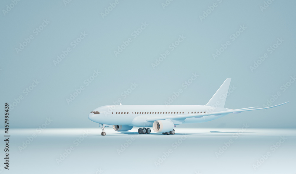Pastel blue plane flying in the sky. Plane take off and pastel background. Minimal idea concept. Airline concept travel plane passengers. Jet commercial aircraft. 3d render
