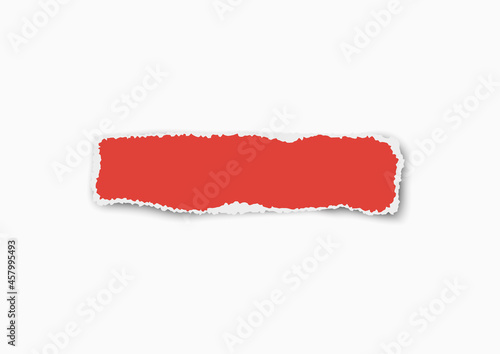 Red vector elongate paper tear wisp with soft shadow isolated on white