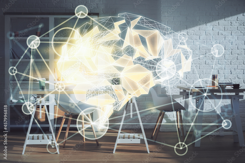 Double exposure of brain drawing and office interior background. Concept of data technology.