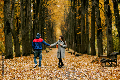 A guy and a girl are walking along the alley of the park in autumn. A romantic date, a walk, family time. Rear view, space for text