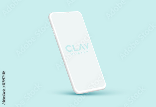 Modern clay smartphone angled mockup. Blank screen isolated device on blue background. Mock up for mobile applications or web page designs..