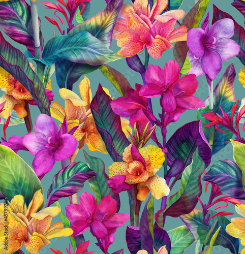 Fototapeta Naklejka Na Ścianę i Meble -  Tropical seamless pattern with bright exotic Cannes flowers. Background with watercolor flowers and leaves