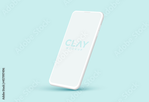 Modern clay smartphone angled mockup. Blank screen isolated device on blue background. Mock up for mobile applications or web page designs..