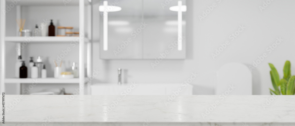 White minimalist empty marble tabletop for montage over modern bright bathroom interior - obrazy, fototapety, plakaty 
