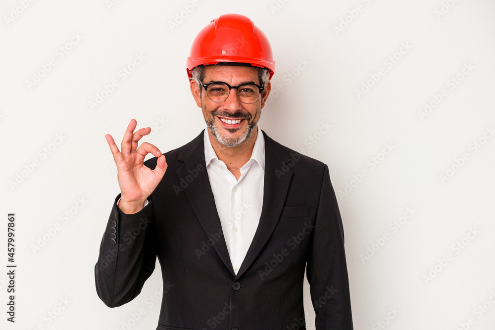 Middle age architect caucasian man isolated on white background  cheerful and confident showing ok gesture.