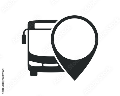 Bus with map pointer graphic icon. Bus stopped sign isolated on white background. Bus tour transport symbol. Vector illustration