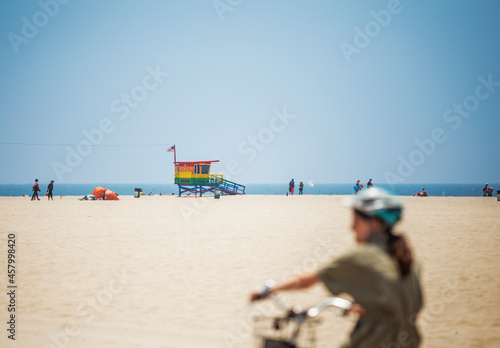 Lifeguard shack or tower on Venice Beach, Los Angeles, bearing the colours of the LGBT flag