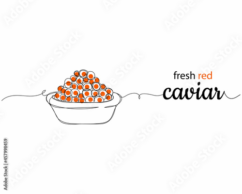 Continuous one line drawing of delicious fresh red caviar in silhouette on a white background. Linear stylized.