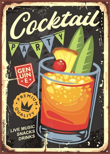 Cocktail bar vintage sign design with glass of Mai Tai on old metal texture. Tiki bar advertisement, cocktail party promotion. Vector drinks illustration.