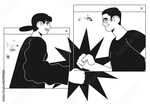 Partners or managers celebrating successful deal, contract or project completion. Creative team cooperation, teamwork or colleagues online video conference call. Startup or work success celebration.