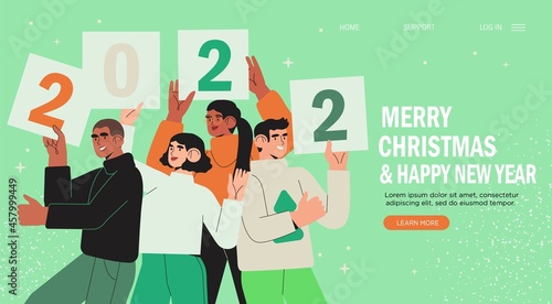 Banner, flyer, landing page with happy people or office workers, employees hold signs or placard wit numbers 2021. Group of friends or team wish Merry Christmas and happy New Year . Holiday greeting.
