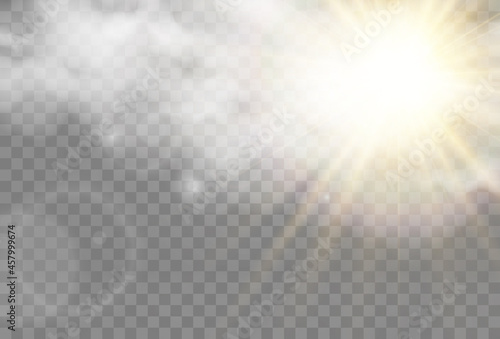 Vector illustration of the sun shining through the clouds. Sunlight. Cloudy vector.	
