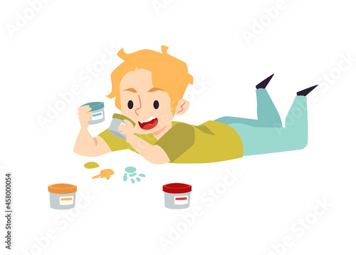 Little child on floor drawing with fingers, flat vector illustration isolated.