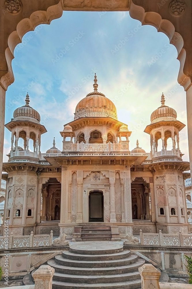 Jaipur, Rajasthan, india- September 16, 2021: Amazing view of memorial grounds to Maharaja Sawai Mansingh II and family constructed of marble. Gatore Ki Chhatriyan, Jaipur, Rajasthan, India.