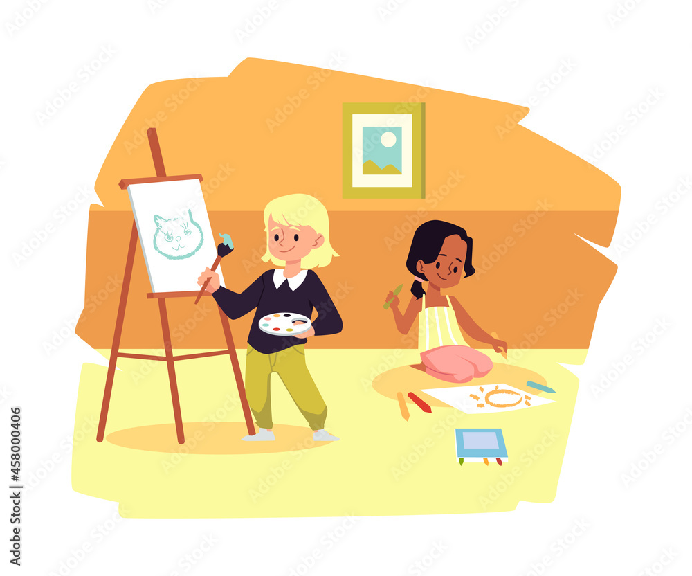Cute children are engaged in creativity, paint, have fun together Cute children are engaged in creativity, paint, have fun together