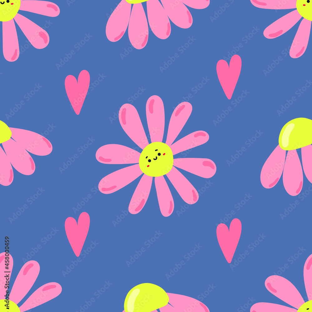 Cute hand drawn daisies with cute faces and hearts on blue background. Flat illustration. Cute hand drawn daisies with cute faces and hearts on blue background. Flat illustration.
