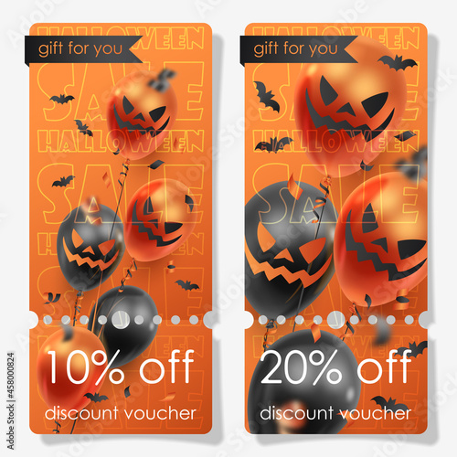 Discount voucher for Halloween sale with balloons, bat confetti and text on red, orange background. Vector Holiday illustration for postcard, banner, cards, party, design, arts, advertising.