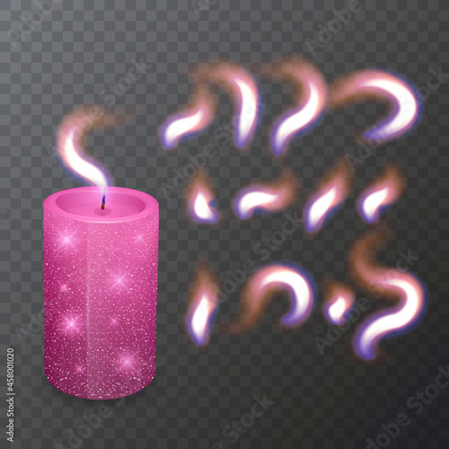 Realistic paraffin or wax burning candle and different flame of a candle, closeup isolated on transparency background. Design template, Vector illustration