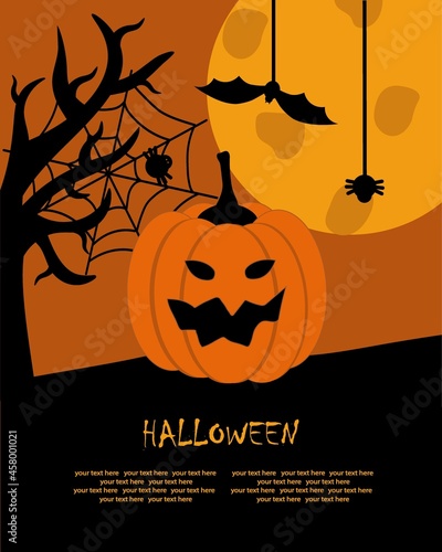 Scary pumpkin near a tree with cobwebs against the background of a large moon and a bat. Halloween holiday. Design a postcard, poster or flyer. Illustration with horror.