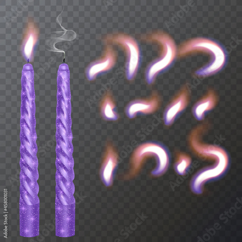 Realistic paraffin or wax burning candle and different flame of a candle, closeup isolated on transparency background. Design template, Vector illustration