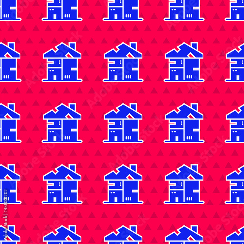 Blue Homeless cardboard house icon isolated seamless pattern on red background. Vector