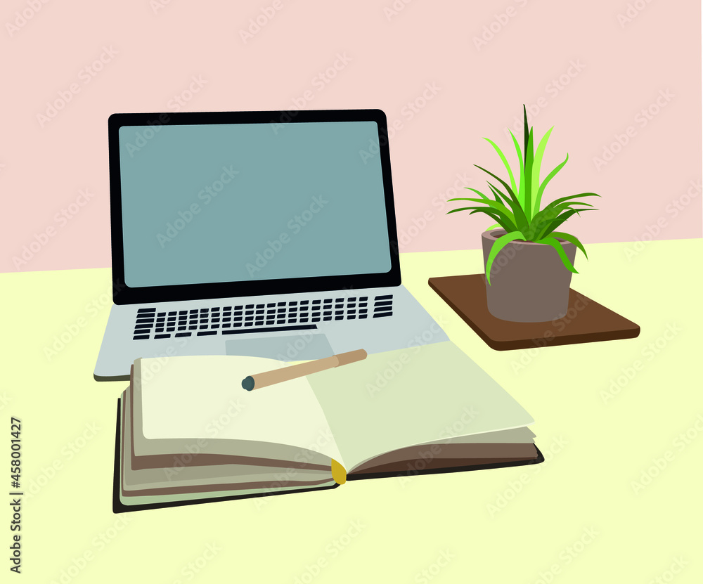 Desktop. Notebook, book, flowers, pen
Desktop. Notebook, book, flowers, pen