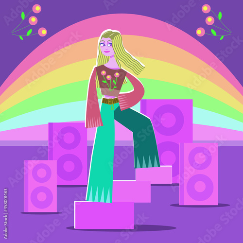 Wallpaper Mural Bright multicolored cheerful positive beautiful blonde hippie girl in colored clothes smiling on the background of a rainbow and music speakers vector illustration Torontodigital.ca