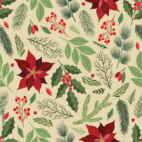 Seamless pattern with hand drawn poinsettia flowers and floral branches and berries, christmas florals.
